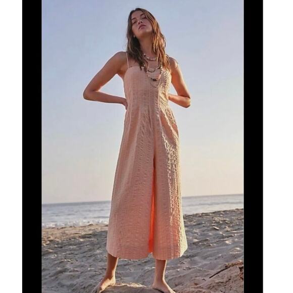 NWT Free People Devon Jumpsuit Size Small Peach Seersucker Stripe - Picture 2 of 8